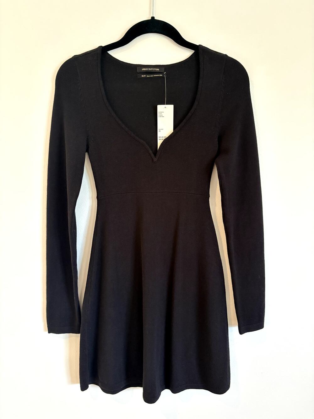 NWT Urban Outfitters Black Knit Long Sleeve Notch V-Neck Flare Mini Dress XS